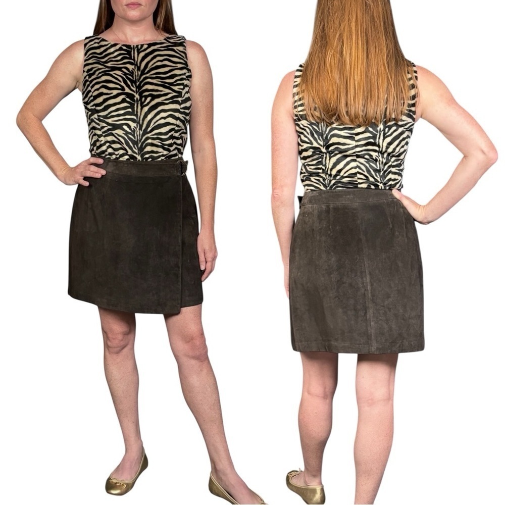 VINTAGE 90s ANN TAYLOR SUEDE LEATHER CHOCOLATE BROWN WRAP MINI SKIRT - Picture 2 of 10